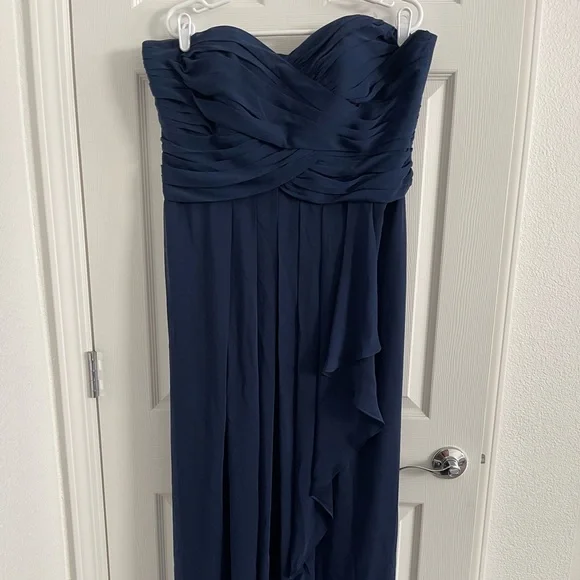 David’s Bridal Crinkle Chiffon Dress with Cascade Skirt, Color Marine, Size 18 - Picture 2 of 11